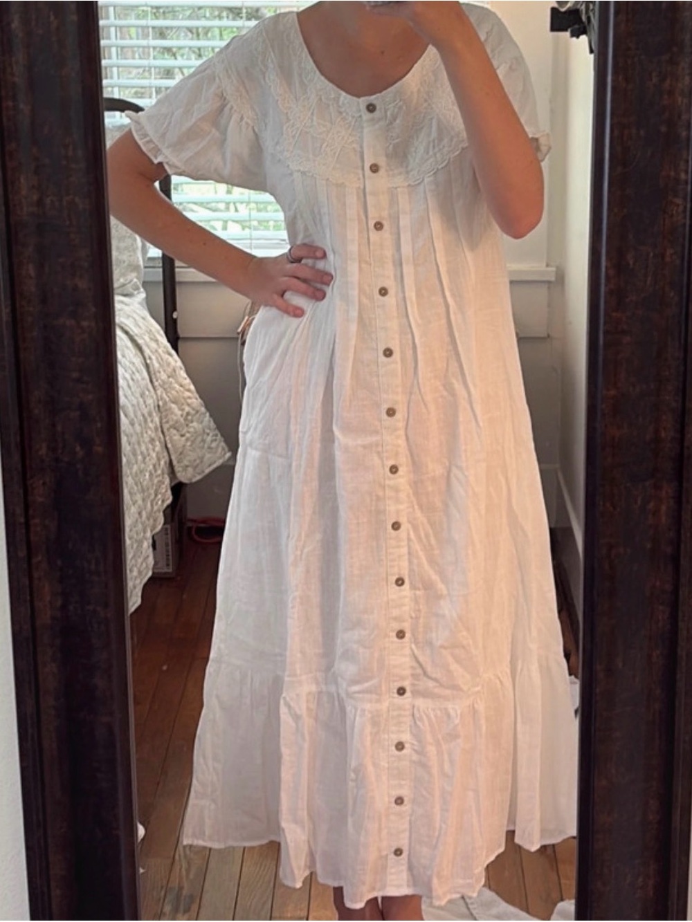 Roolee White Button-Front Maxi Dress with Embroidered Yoke - Picture 1 of 5